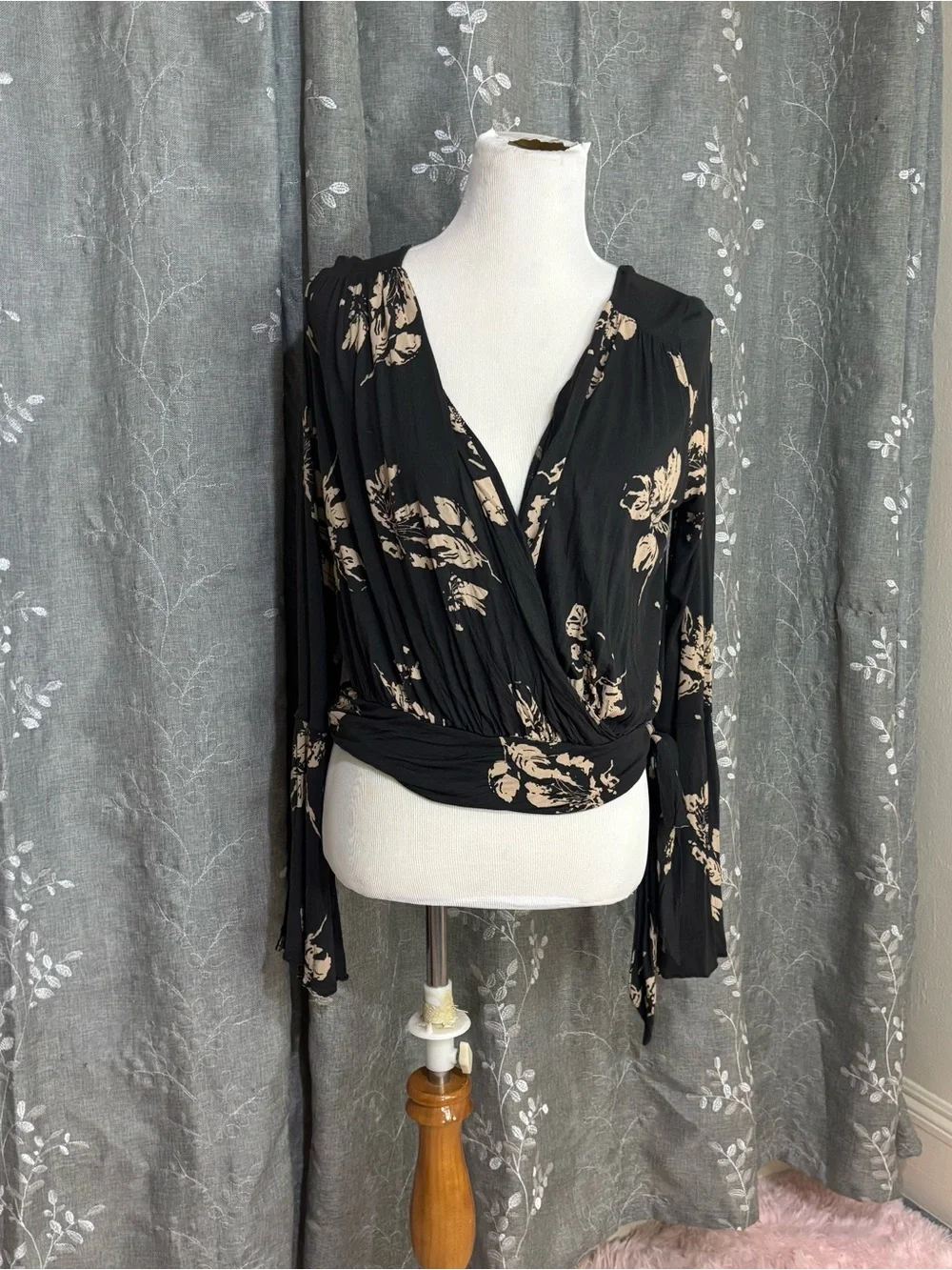 Free People Floral Wrap V-Neck Long Sleeve Top
